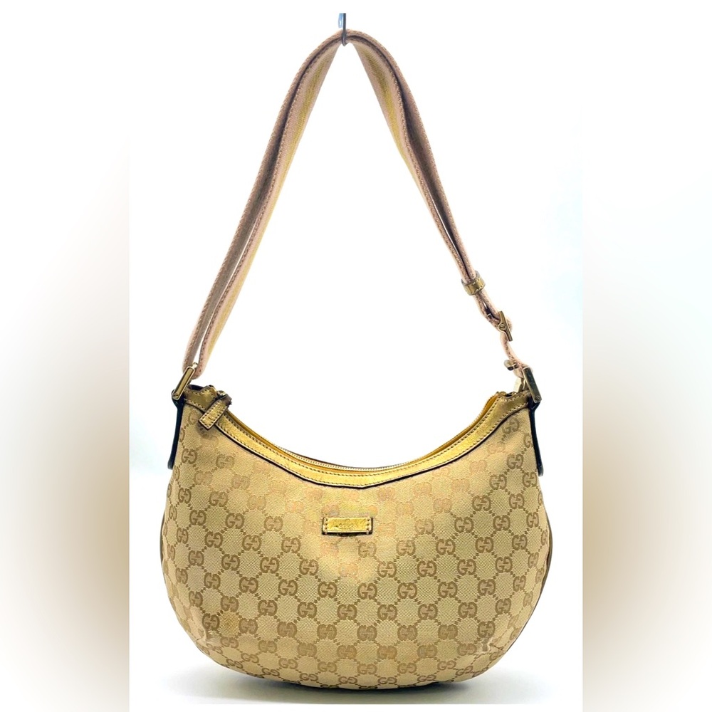 Gucci GG Canvas Half Moon Crossbody Beige/Gold Leather Pink/Gold Web Strap